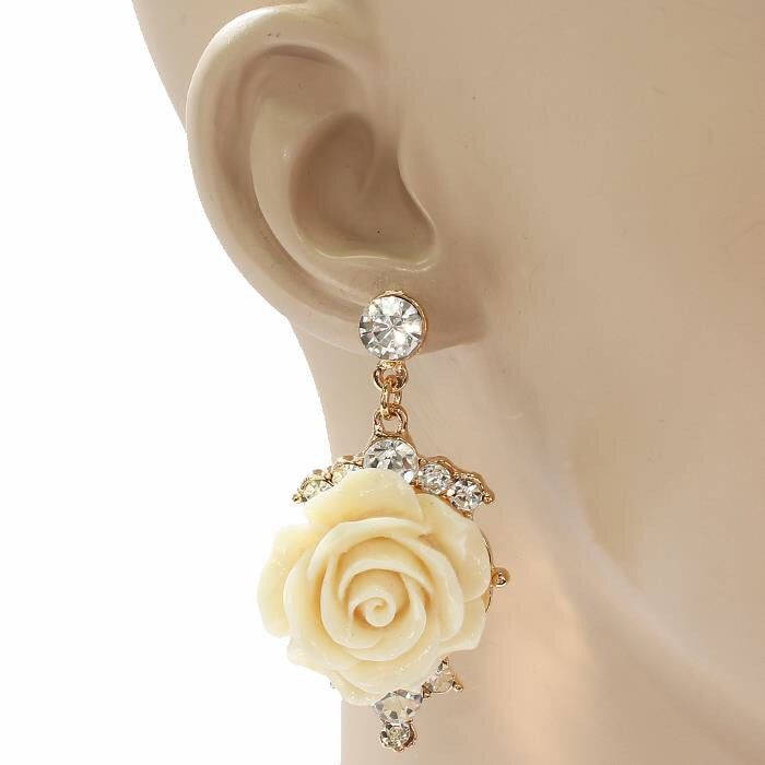 Carved White Rose Crystal Earrings