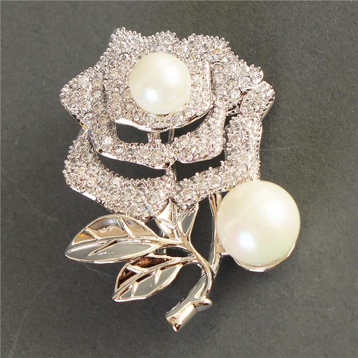 Beautiful Crystal Rose with Pearl Brooch Pin