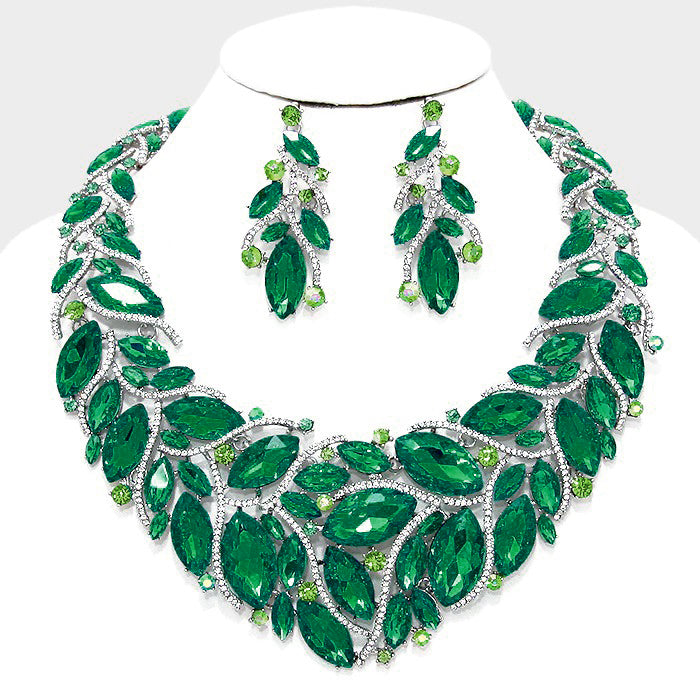 Beautiful Emerald Crystal Marquise Petal Evening Necklace Set, New