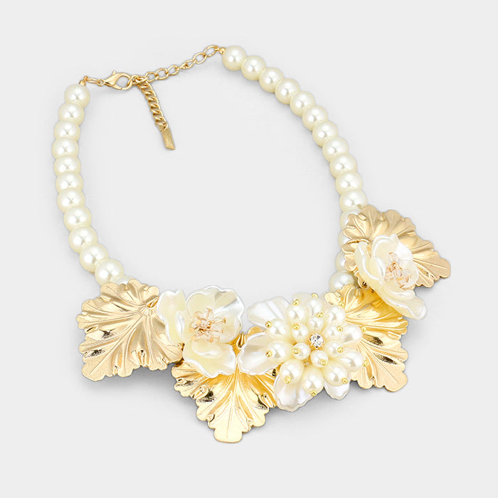 Beautiful Pearl Triple White Rose Metal Leaf Bib Necklace