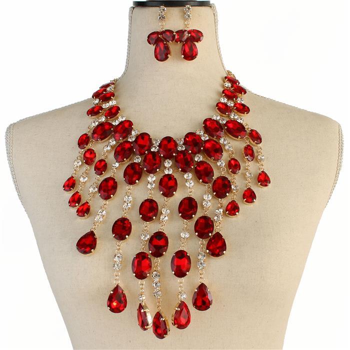 Beautiful Red or Blue Crystal Necklace Set, NEW