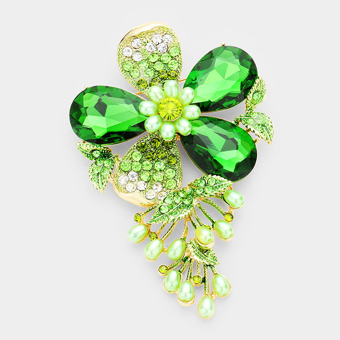 Beautiful Crystal Green Flower Pearl Brooch Pin