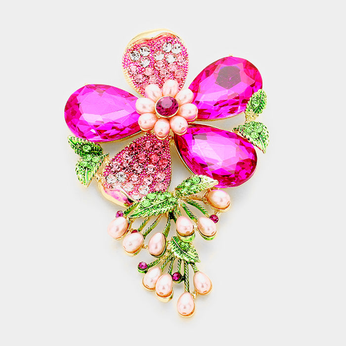 Beautiful Crystal Green Flower Pearl Brooch Pin