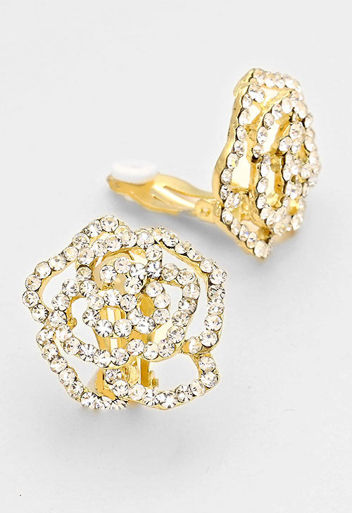 Rose Crystal Pave Clip On Earrings