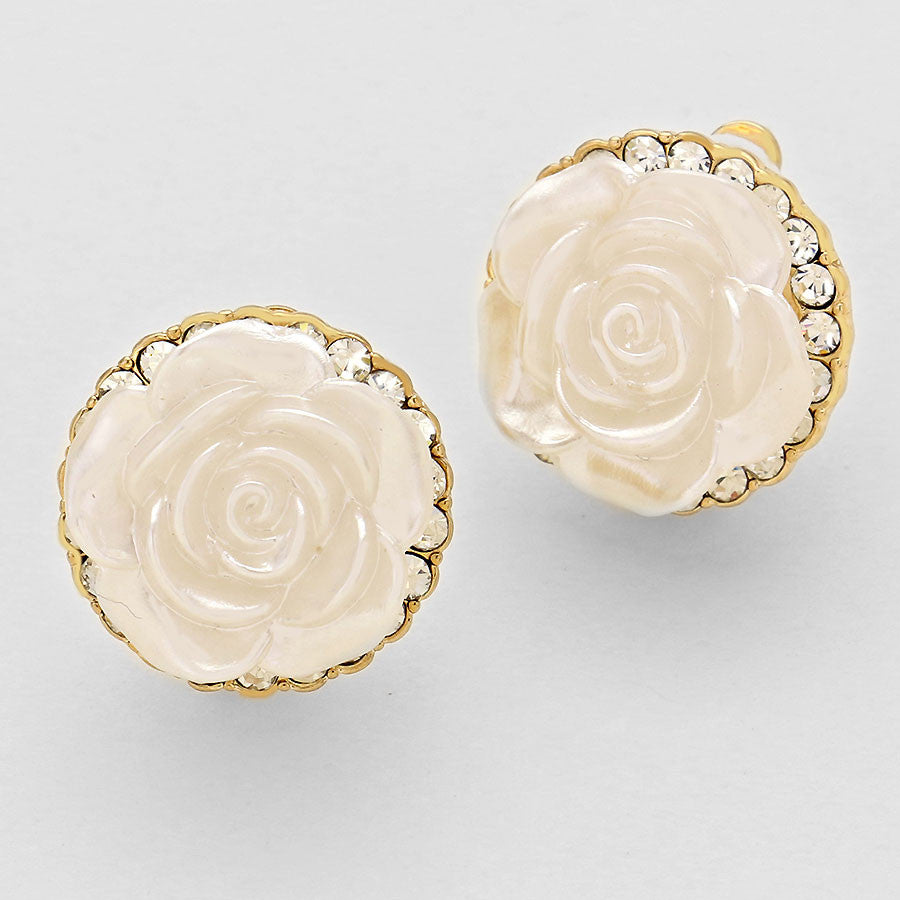Beautiful White Rose Crystal Sculpted  Earrings