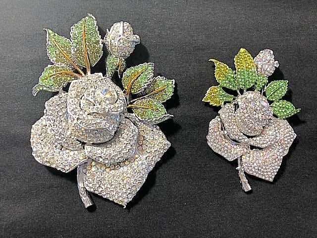 Beautiful Pave Crystal Rose Pin with Green Leaves Brooch