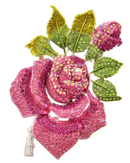 Beautiful Crystal Pink & Green Swarovski Rose Brooch