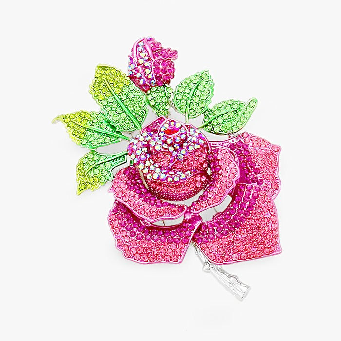Beautiful Crystal Pink & Green Swarovski Rose Brooch