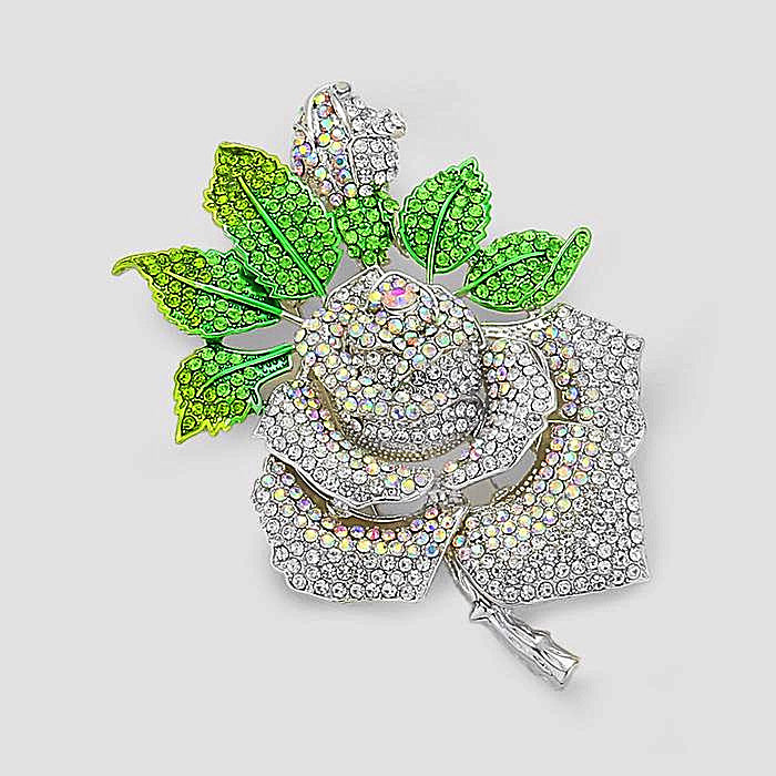 Beautiful Pave Crystal Rose Pin with Green Leaves Brooch