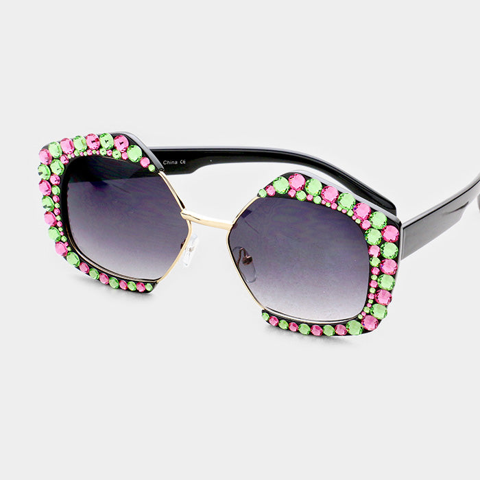 Beautiful Crystal Pentagon Sunglasses in Pink & Green Austrian Crystals