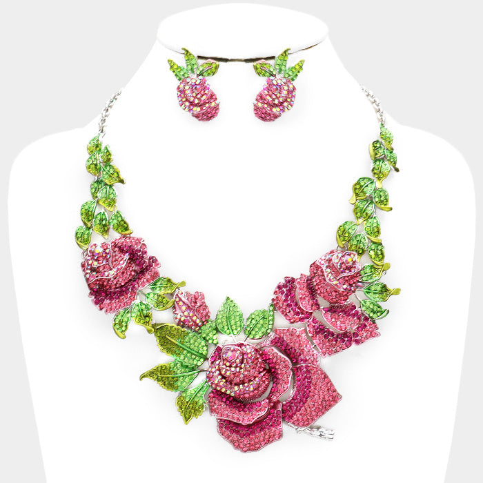 Beautiful Swarovski Crystal Pave Rose Flower Accented Necklace (Pink & Green)