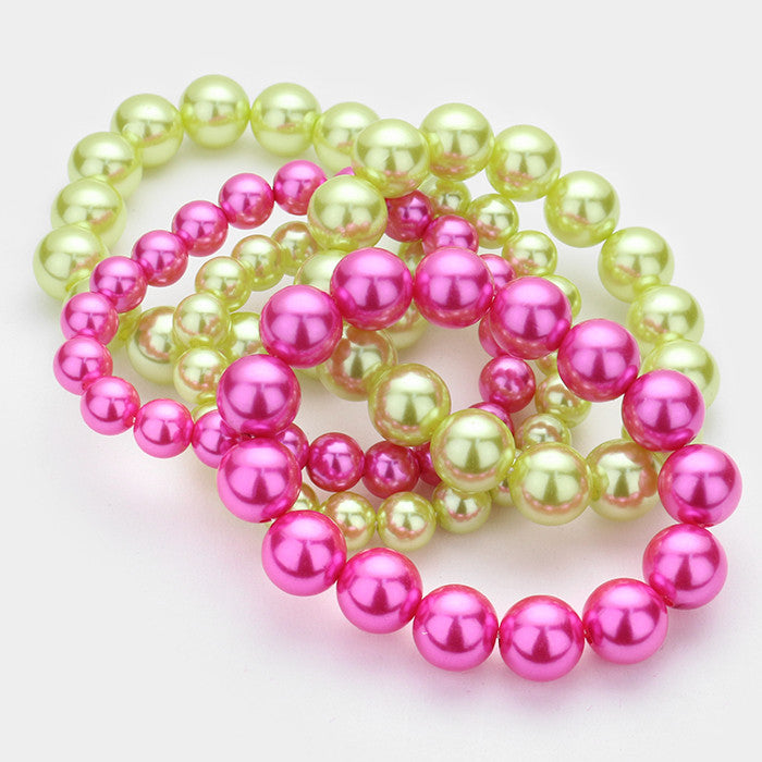 Beautiful Pink & Green Stack Pearl Bracelets ( 5 SET)