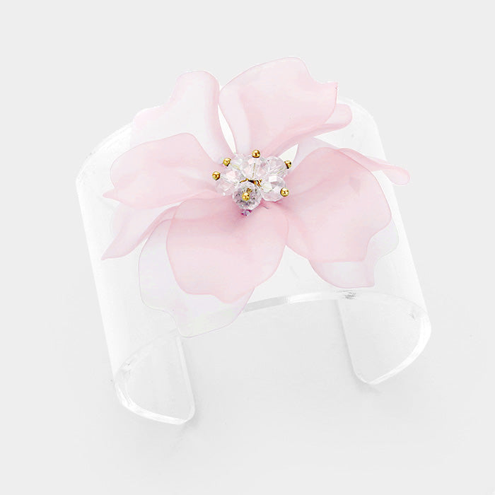 Beautiful White Rose Accented Clear Lucite Cuff Bracelet (White Rose)