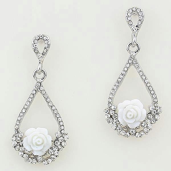 Beautiful White Rose Trapeze Crystal Earrings
