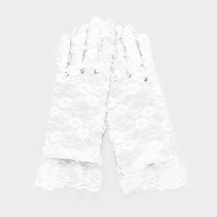 Beautiful White Rose Floral Lace Gloves