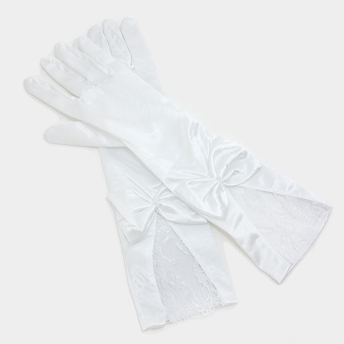 Beautiful White Rose Bow Satin Gloves