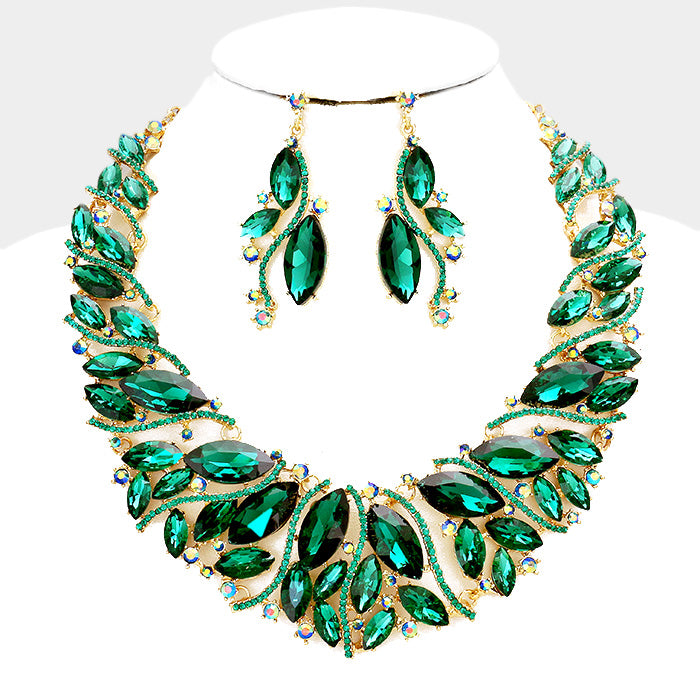 Beautiful Emerald Crystal Marquise Evening Necklace Set (LINKS, AKA)