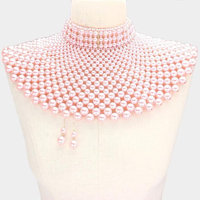 Beautiful Pink Pearl Bib Choker Necklace