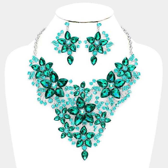 Beautiful Marquise Emerald Crystal Leaf Bib Evening Necklace & Earrings Set "High End"