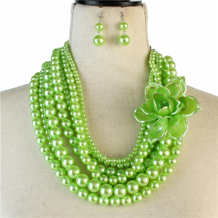 Beautiful Green Rose Pearl Necklace Set, New
