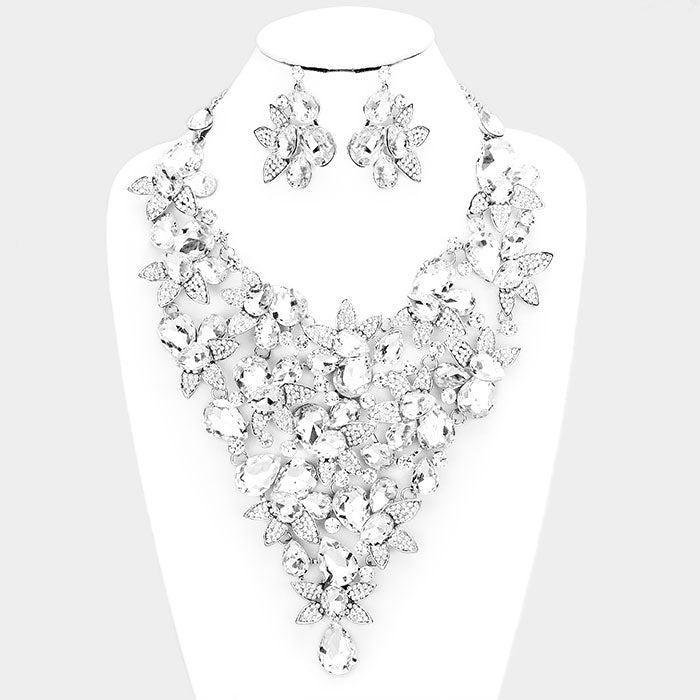 Beautiful Crystal White Rose & Pearl Teardrop Necklace & Earrings (New/High End, 2019)