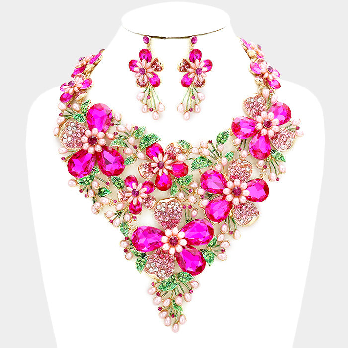 Beautiful Crystal Stone Flower Pearl Statement Bib AKA Necklace Set (High End)