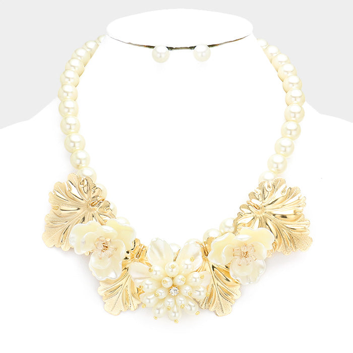Beautiful Pearl Triple White Rose Metal Leaf Bib Necklace