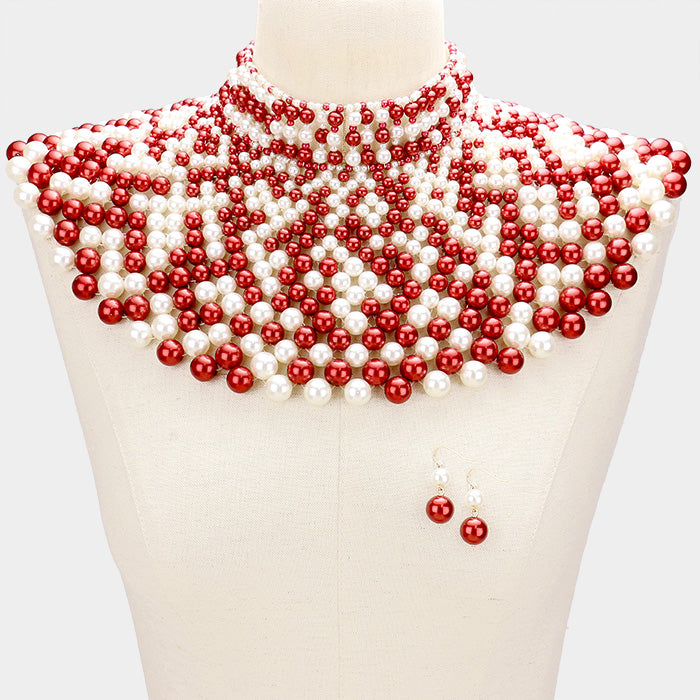 Beautiful GO RED Pearl armor bib choker necklace
