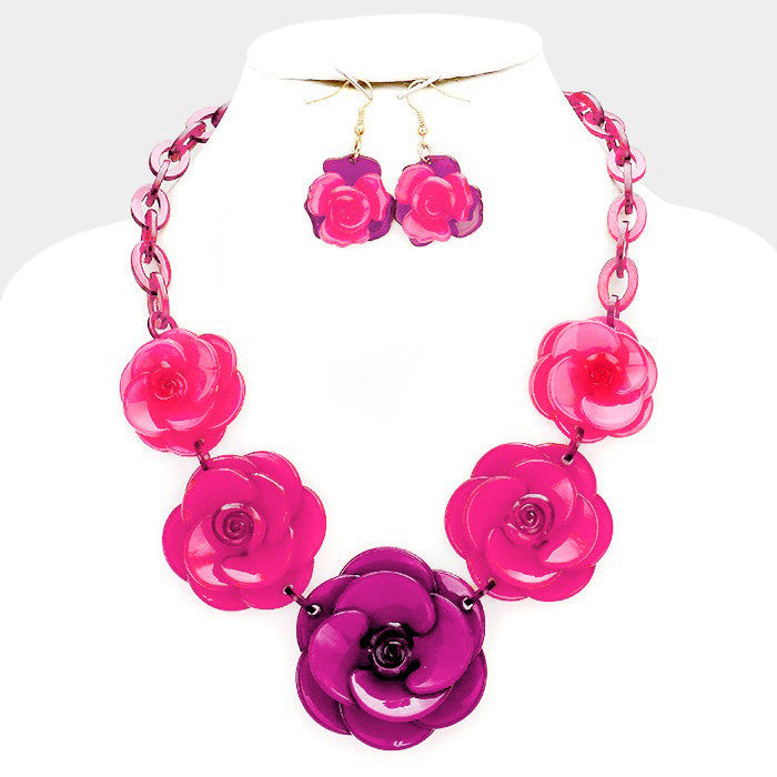 Beautiful Pink or Green Roses Necklace Set "New"