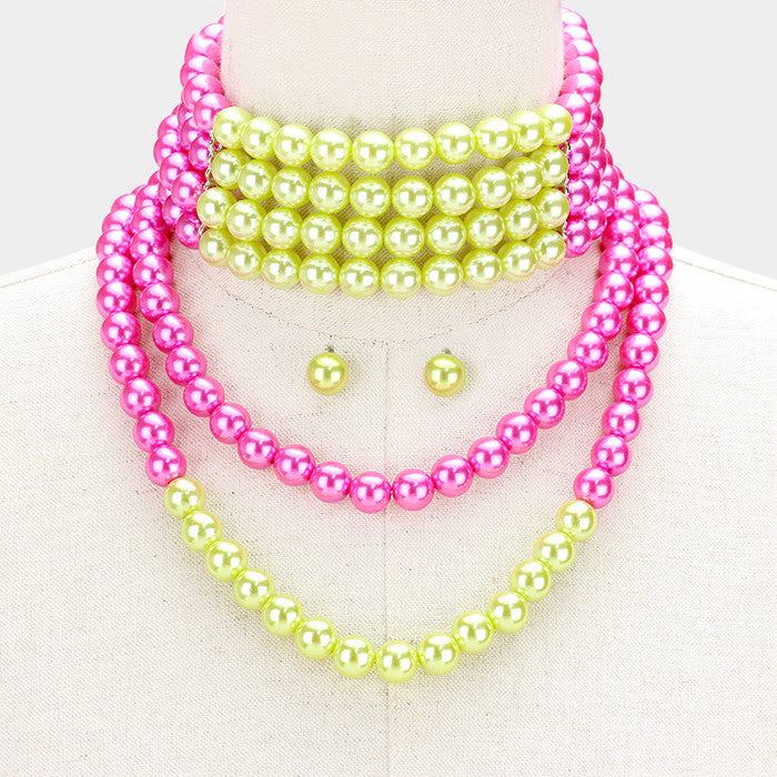 Beautiful Pink & Green Pearl Choker Necklace & Earrings