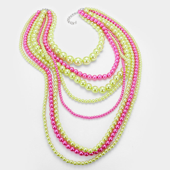 Beautiful Pink & Green 8 Strand Pearl Necklace Set (NEW)