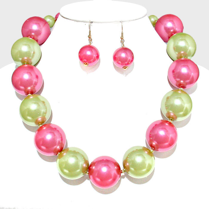 Beautiful Pink & Champagne Chunky Pearl Strand Necklace & Earrings