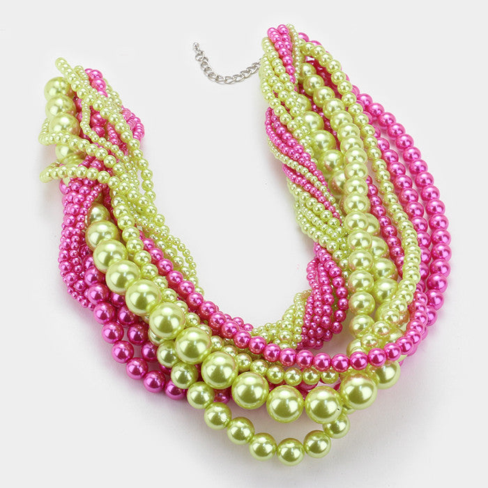Beautiful Pink & Green High End Multi Strand Faux Pearl Necklace & Earrings