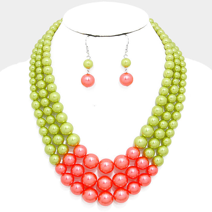Beautiful Multi-strand Pink & Green Pearl Bead Necklace