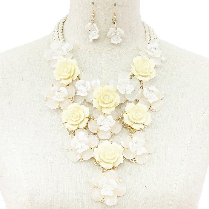White Rose Cluster Rope Necklace Set