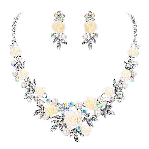 Beautiful Austrian Crystal Pearl White Rose Necklace Earrings Set, New