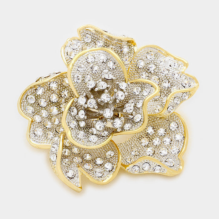 Elegant Crystal Rose Brooch in Silver and Gold