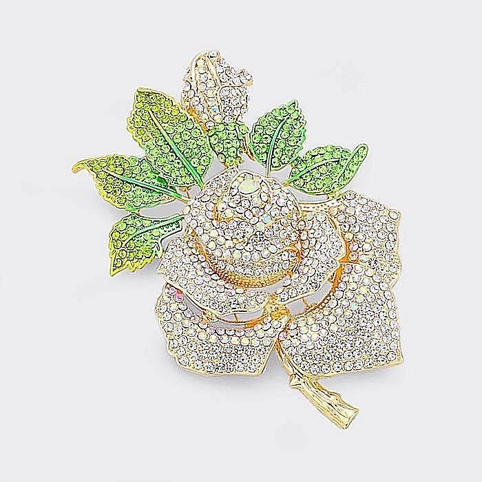 Beautiful Swarovski Pave GOLD Crystal Rose Brooch Pin (High End) (NEW)