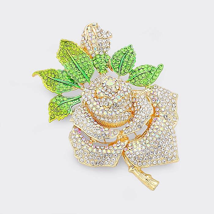 Beautiful Swarovski Pave GOLD Crystal Rose Brooch Pin (High End) (NEW)