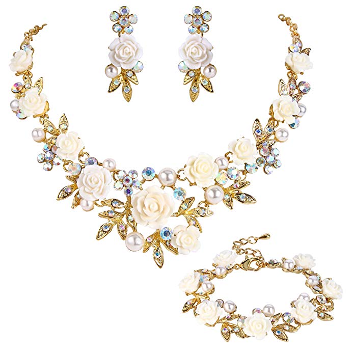 Beautiful White Rose Crystal Jewelry 3 Piece Set, New