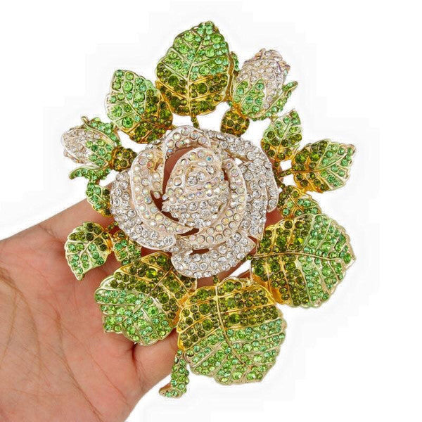Our White Rose and Peridot Swarvorski Crystal Pin "High End"