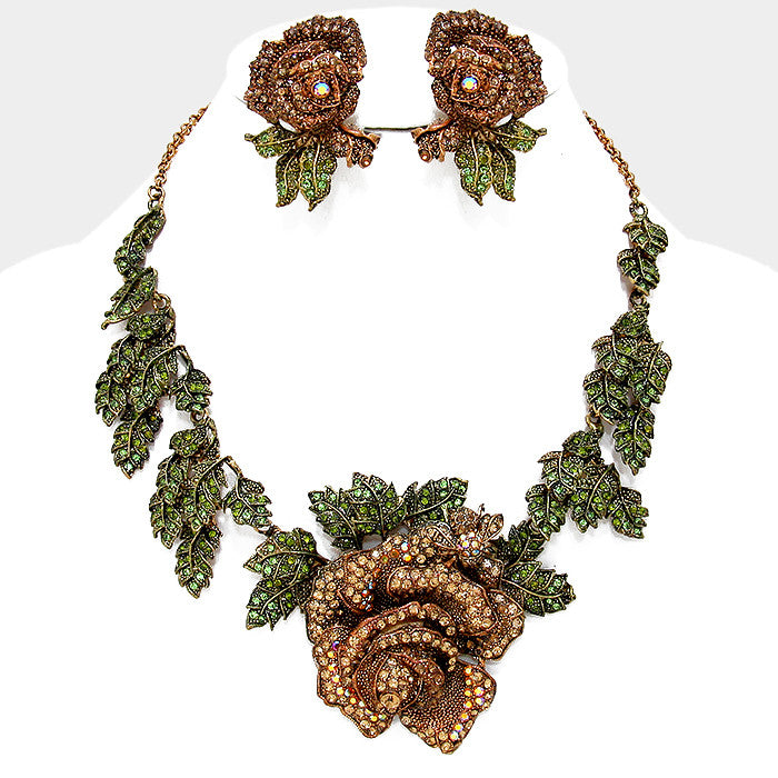 Chocolate or Blue Swarovski Crystal Rose Necklace Set (NEW)
