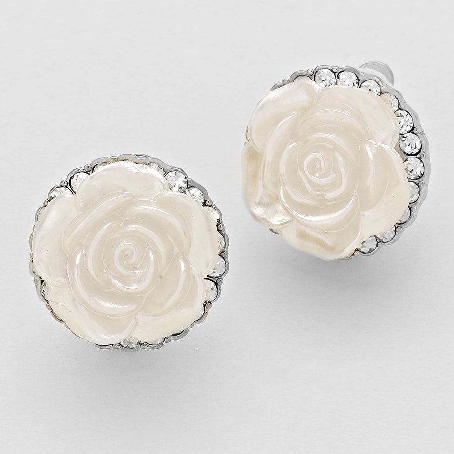 Beautiful White Rose Crystal Sculpted  Earrings