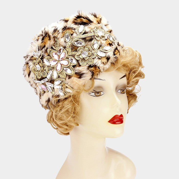 Winter White Crystal Flowers Hat