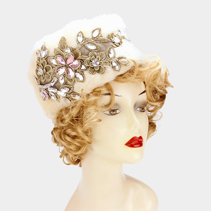 Winter White Crystal Flowers Hat
