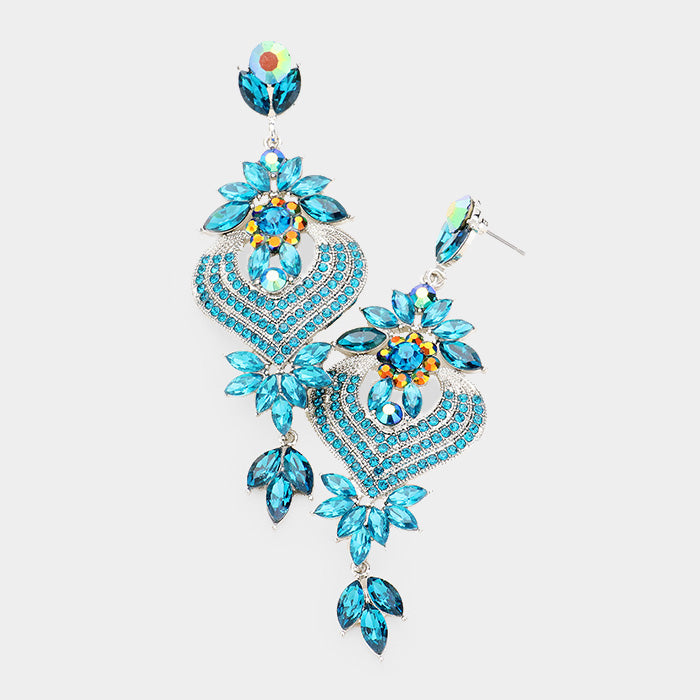 Blue Floral Vine Teardrop Crystal Rhinestone Evening Earrings