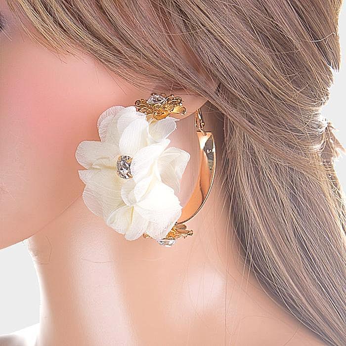 Beautiful Rose Fabric Detail Double Metal Flower Hoop Earrings (NEW)