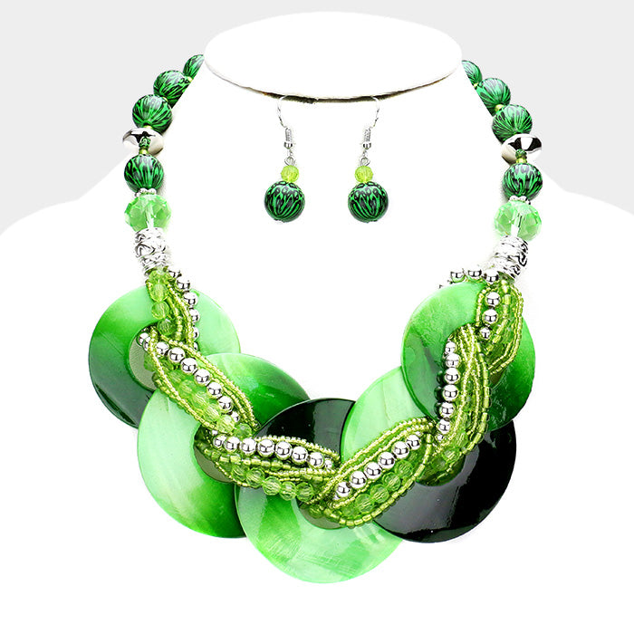 Beautiful Emerald Shell Twisted Multi Beaded Necklace Set