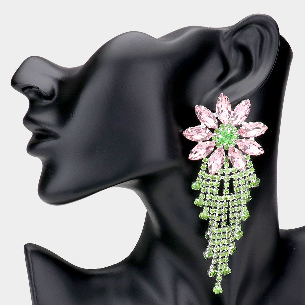 Beautiful Pink & Green Flower Rhinestone Earrings