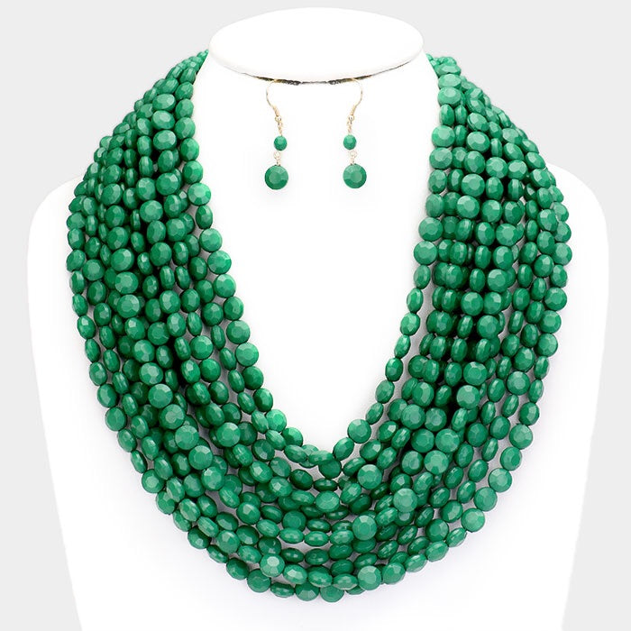 Beautiful Emerald Multi Strand Faceted Round Beaded Necklace